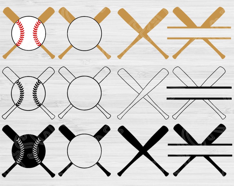 May include: A set of nine baseball-themed SVG cut files. The files include a baseball with stitching, a circle, and two crossed baseball bats. The bats are shown in gold, black, and white.