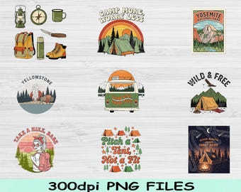 Pakiet PNG Retro Camping, Wzory inspirowane parkami narodowymi, Vintage Adventure PNG, Clipart do sublimacji na świeżym powietrzu, Pakiet PNG Podróże po dziczy