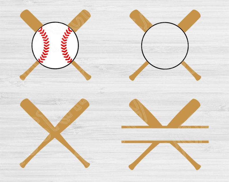 May include: Four different designs of baseball bats crossed in an 'X' shape. The first design features a baseball in the center. The second design features a blank circle in the center. The third design features two bats crossed with no center design. The fourth design features two bats crossed with a double line in the center.