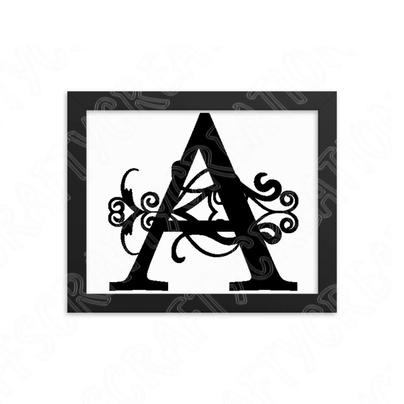 May include: Black and white framed print of the letter A with decorative flourishes.