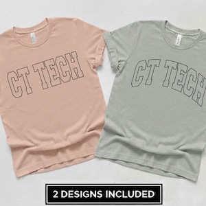 May include: A light peach t-shirt and a heather grey t-shirt, both featuring the black outlined text CT TECH printed across the chest. The peach shirt has straight text, while the grey shirt features arched text. A label states 2 DESIGNS INCLUDED.