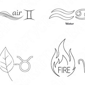 Może przedstawiać: Czarno-białe ilustracje liniowe czterech żywiołów: powietrza, wody, ziemi i ognia. Każdy element jest reprezentowany przez symbol i znak zodiaku. Słowo "powietrze" znajduje się obok symbolu Bliźniąt. Słowo "woda" znajduje się obok symbolu Raka. Słowo "ziemia" znajduje się obok symbolu Byka. Słowo "ogień" znajduje się obok symbolu Barana.