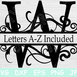 Split Letter Svg, Monogram Svg. Alphabet Font Svg Files for Cricut and Silhouette. Black Sliced Capital Letter Cut Files with Swirl Designs.