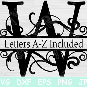 Geteilte Buchstabe svg, Monogramm svg. Alphabet Schrift-Svg-Dateien für Cricut und Silhouette. "Schnittdateien für ""großbuchstaben"" mit Swirl Designs."