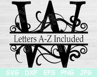 Split Letter Svg, Monogram Svg. Alphabet Font Svg Files for Cricut and Silhouette. Black Sliced Capital Letter Cut Files with Swirl Designs.