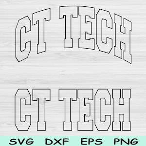Puede incluir: Gráfico en blanco y negro con el texto "CT TECH" en dos estilos. El texto superior está arqueado, el inferior es recto. Debajo, abreviaturas de tipos de archivo: SVG, DXF, EPS y PNG.