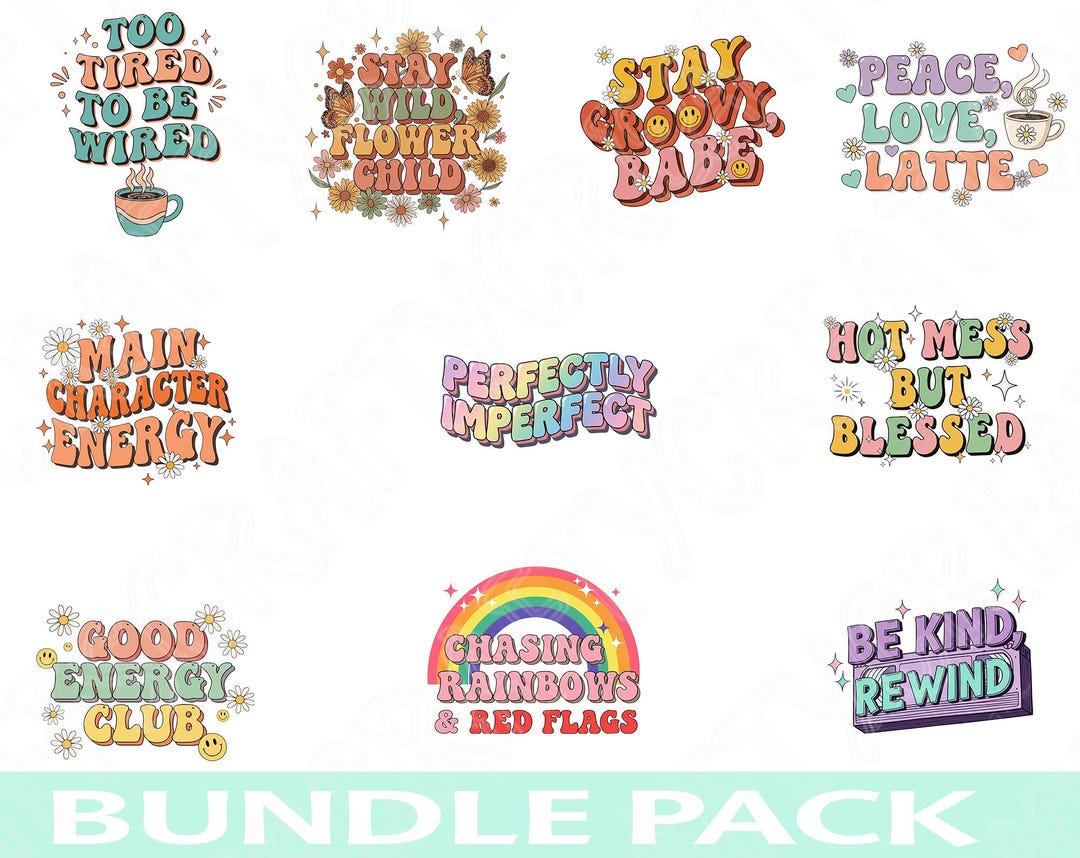 Retro Quote Png Bundle, Whimsical Positive Saying, 70s Aesthetic ...