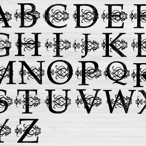 May include: Black and white alphabet letters with decorative flourishes. Each letter is outlined in black and has a decorative design inside.