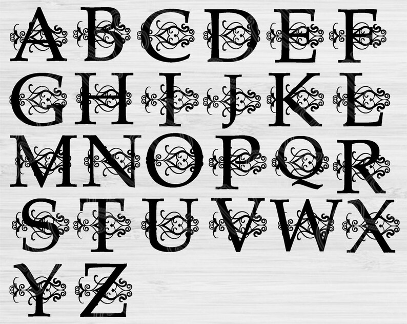May include: Black and white alphabet letters with decorative flourishes. Each letter is outlined in black and has a decorative design inside.