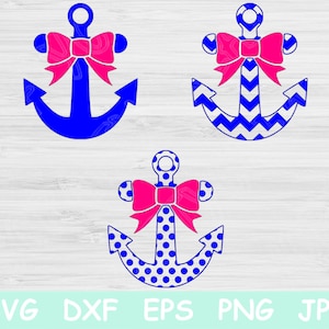 May include: Three anchor SVG cut files with different patterns. The anchors are blue with pink bows. One anchor is solid blue, one has a chevron pattern, and one has a polka dot pattern.