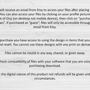 May include: Text on a white background with a wood grain texture. The text explains how to access digital files purchased on Etsy and the terms of use for the files. The text states that files cannot be resold, shared, or given away. It also states that refunds are not available due to the digital nature of the product.