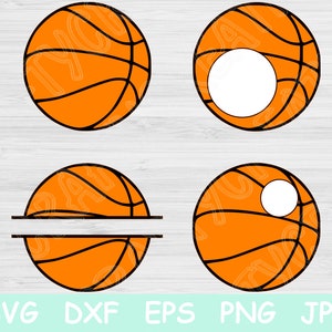 May include: Four orange basketballs with black lines. Two basketballs have a white circle in the center. Two basketballs have a white line across the center.