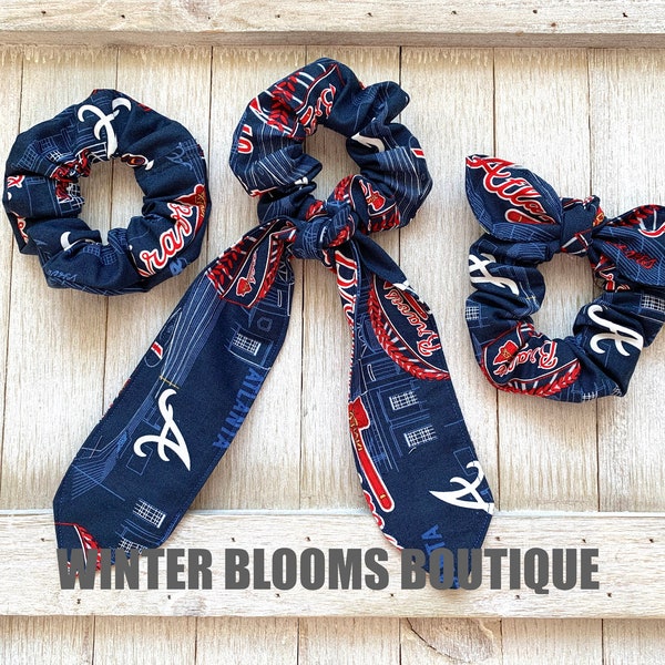 Atlanta BRAVES inspired Scrunchies | Scarf Tail bow bunny Ponytail Hair Tie Bracelet