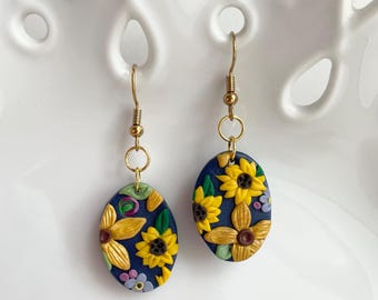 Yellow Sunflower Small Oval Earrings, Polymer Clay Dangle Jewelry, Summer Botanical Hippie Style