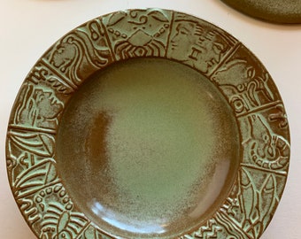 Frankoma pottery vintage Sunray DX Oil, Prairie Green Zodiac signs small plate bowl dish set, RARE collectible dishes ceramic dinnerware