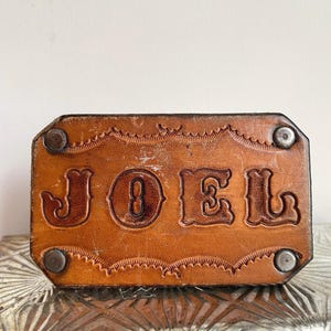 Vintage Leather Belt Buckle: Personalized &#39;Joel&#39; Retro Western Accessory