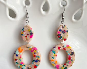 Polymer Clay Large Dangle Earrings: Multicolored Specks Dots, Handmade Jewelry