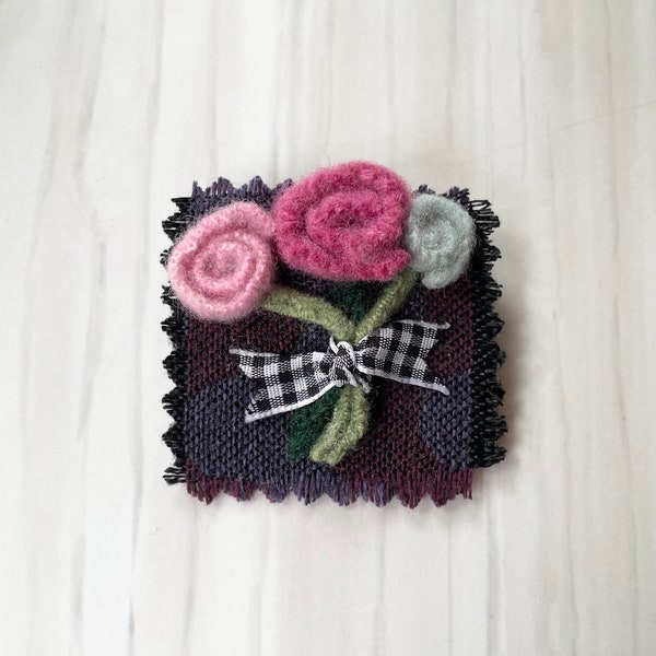 Roses felt flowers pin brooch, pink and blue, one of a kind, fiber art jewelry, valentines, love, friendship, gardening, mom birthday gift