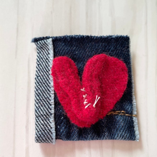 Red heart felt and denim pin brooch, one of a kind, fiber art, statement jewelry, backpack, valentines, love, friendship, birthday gift