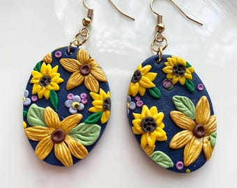 Sunflower Earrings, Large Oval Polymer Clay Dangle Jewelry, Summer Boho Floral Botanical