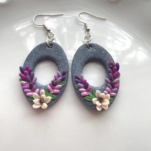 Handmade Lavender Flower Clay Earrings: Floral Dangle Jewelry