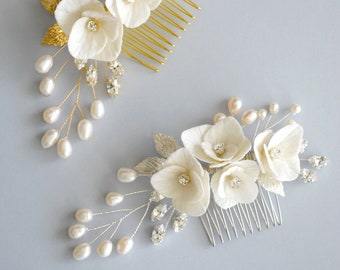 Hair comb with crystals anf freshwater pearls SPARKLING HORTENSIA, bridal hair piece, wedding headpiece with pearls, hair pins