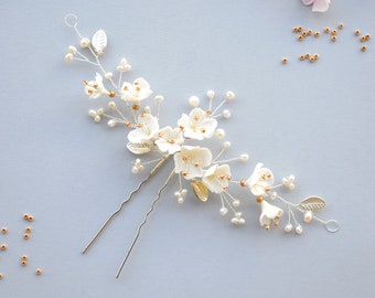 KIERA hairpin bridal with hand crafted clay flowers / wedding headpiece/ hair vine