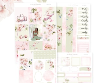 May include: A set of planner stickers featuring floral designs in shades of pink, green, and white. The stickers include various shapes, sizes, and designs, including a woman in a yoga pose, a dumbbell, a water bottle, and a pair of sneakers. The stickers are perfect for adding a touch of elegance and personalization to your planner.