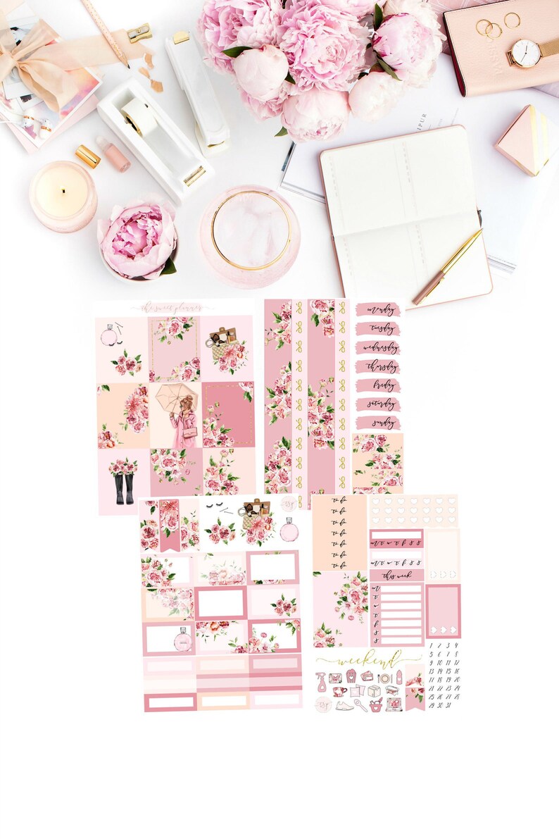 BLUSH BEAUTY 4 Page Planner Sticker Kit Vertical Layout Floral Sticker Planner Kit image 1