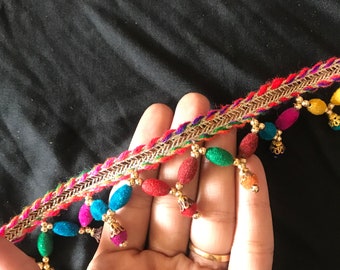 Beaded Indian trim laces saree border bead work embellishment trims tassel fringe multi color