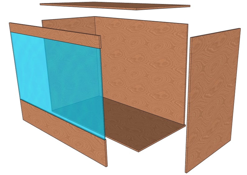 May include: An exploded view of a wooden box with a blue glass panel. The box is made of brown wood and has a rectangular shape. The blue panel is on the front of the box. The box is unassembled, with the top and side panels separated.