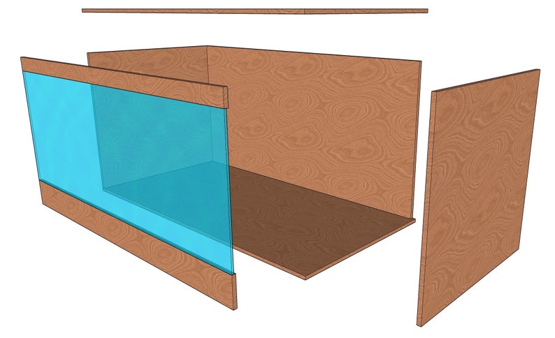May include: An exploded view of a wooden box with a blue glass panel. The box is made of light brown wood with a visible wood grain. The glass panel is a light blue color and is rectangular with a slanted side.