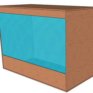 May include: A rectangular wooden cabinet with a large, light blue glass panel. The cabinet has a natural wood grain finish. The glass panel is framed by the wood, creating a display case or storage unit.