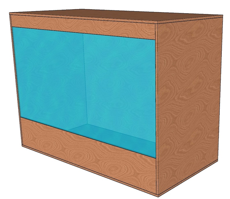 May include: A rectangular wooden cabinet with a large, light blue glass panel. The cabinet has a natural wood grain finish. The glass panel is framed by the wood, creating a display case or storage unit.