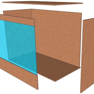 May include: An exploded view of a wooden box with a blue glass panel. The box is made of brown wood and has a rectangular shape. The blue panel is on the front of the box. The box is unassembled, with the top, sides, and bottom separated.