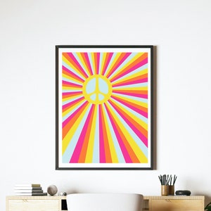 Peace Sign Print, Sun Art, Pink and Yellow, Hippie Nursery Decor, Printable Art, 1970s Bedroom Decor, Groovy, Psychedelic, Digital Download