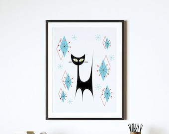 Mid-Century Modern Cat Print, Atomic Starburst Wall Art, Printable Digital Download, Black Cat, Retro Kitty, 1950s, Blue Diamonds, 60s Decor