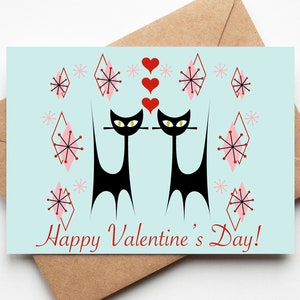 Carte de Saint-Valentin, Carte Saint-Valentin, Mid-Century Modern, Chats atomiques, Chat noir, Rétro, cartes Saint-Valentin vintage, MCM Mid Mod PDF imprimable
