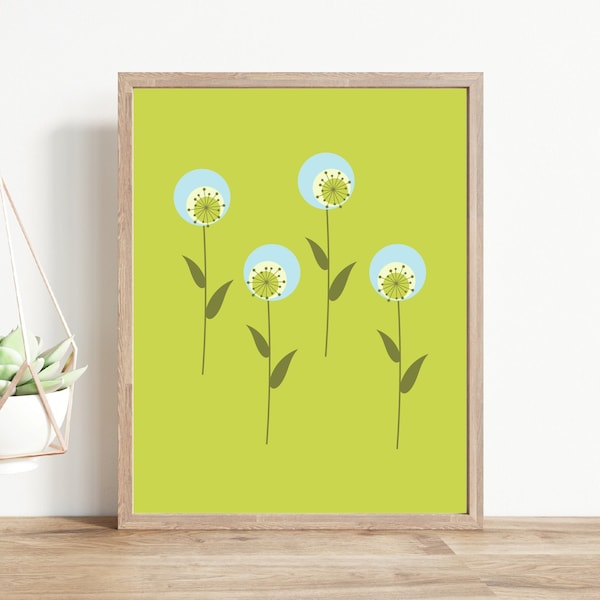 Chartreuse Mid-Century Modern Atomic Flower Print, Retro Nursery Art, Mod, Green,1950s, 60s,  Living Room Wall Decor, Dining Room, Printable