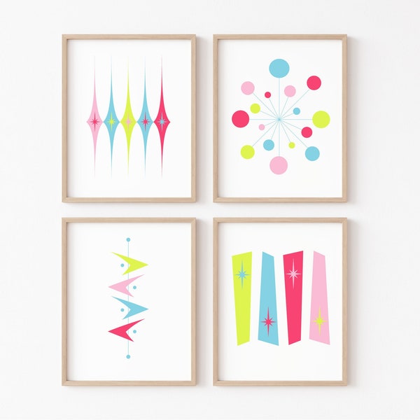 Girl Nursery Art, Mid-Century Modern, Colorful Art Print Set 4, Printable Retro Atomic Starburst, Pink, Blue, Yellow, MCM Living Room Decor