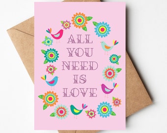 Valentine's Day Card, Valentine Card, For Him, Husband, Boyfriend, For Her, All You Need Is Love, Hippie, Bird, Anniversary Card, Printable