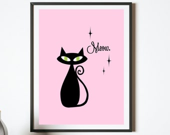 Pink Atomic Cat Art Print, Mid-Century Modern Cat Print, Cat Nursery Art, Printable Art, Digital Download