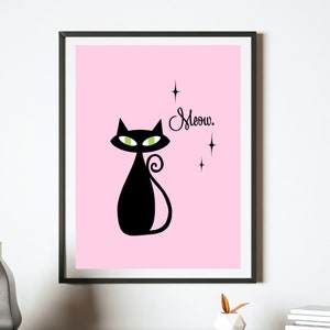 Różowy Atomic Cat Art Print, Mid-Century Modern Cat Print, Sztuka dla kotów w pokoju dziecięcym, Sztuka do druku, Pobieranie cyfrowe