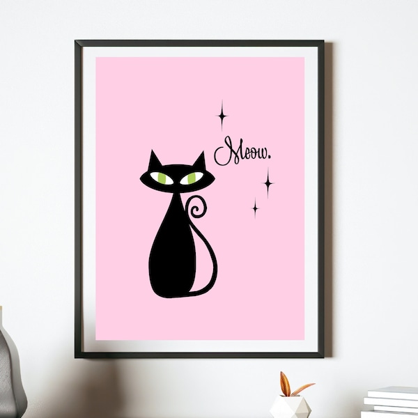 Pink Atomic Cat Art Print, Mid-Century Modern Cat Print, Cat Nursery Art, Printable Art, Digital Download