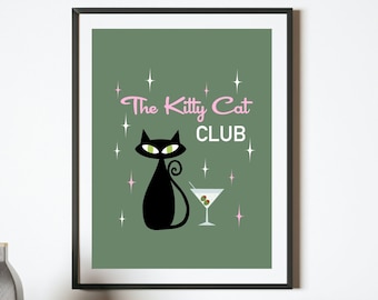 Atomic Cat Print, Cocktail Bar Sign, Mid-Century Modern Cat Art Print, Printable Art, Olive Green, Pink, and Black, Digital Download