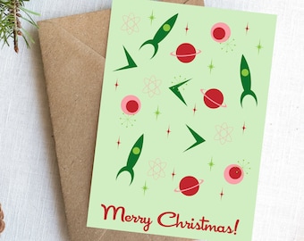 Christmas Card, Mid-Century Modern Space Age, Printable, Atomic Rocket Ship, MCM Sci-fi, Science Fiction, Holiday Card, Outer Space, Unique