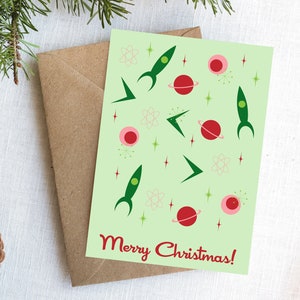 Christmas Card, Mid-Century Modern Space Age, Printable, Atomic Rocket Ship, MCM Sci-fi, Science Fiction, Holiday Card, Outer Space, Unique