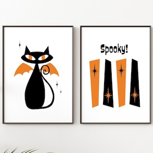 Mid Century Modern Halloween Art Prints Set of 2, Printable, Digital Download, Atomic Cat Bat Cat, Retro 1950s Kitty Cat, Autumn Wall Decor