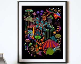 Colorful 1960s Mushroom Wall Art Printable Digital Download Files