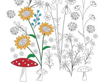 Flower Coloring Page, Cottage Core Coloring Page, Printable Coloring Page for Adults, Floral, Mushrooms, Garden, PDF Digital Download